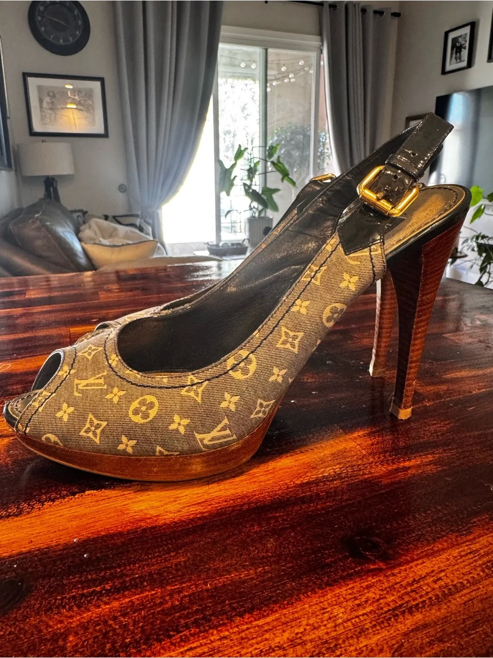 Louis Vuitton Gray Monogram Peep-Toe Slingback Heels - Picture 4 of 7